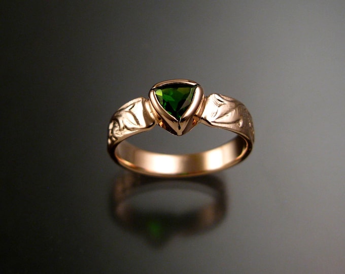 Chrome Diopside Triangle 14k Rose Gold Victorian flower and vine pattern Emerald substitute bezel set ring made to order in your size