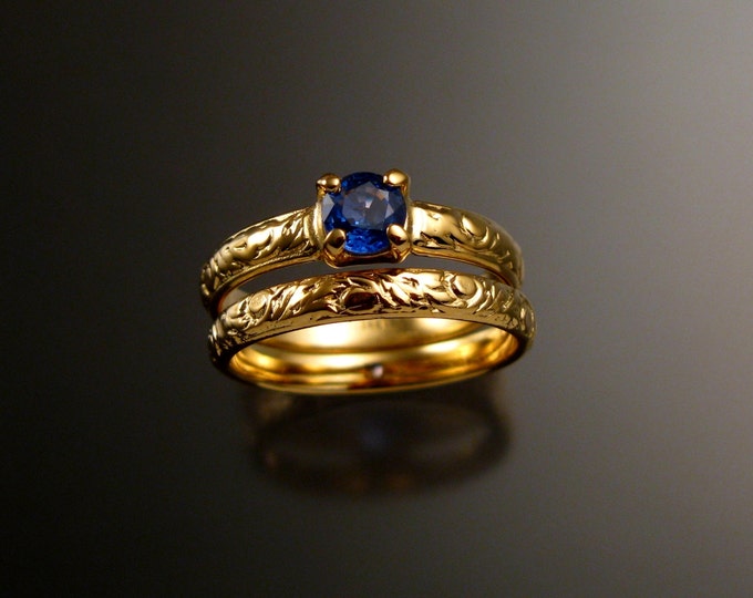 Sapphire Wedding set 14k Yellow Gold Natural Bright Blue Sapphire Victorian rings made to order in your size
