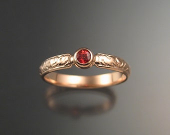 Orange Sapphire Wedding ring 14k Rose Gold Victorian bezel set Pink gold Padparadscha ring made to order in your size