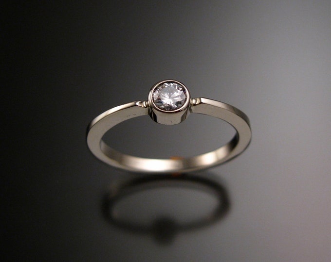 White Sapphire 4mm round stone ring 14k white Gold and natural Diamond substitute stacking ring Made to order in your size