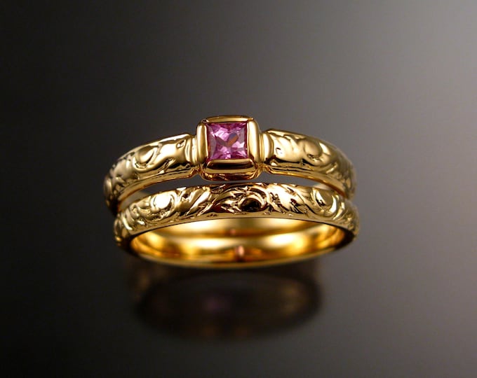 Pink Sapphire Wedding ring set 14k Yellow Gold princess cut gem Victorian bezel set Pink Diamond substitute ring made to order in your size