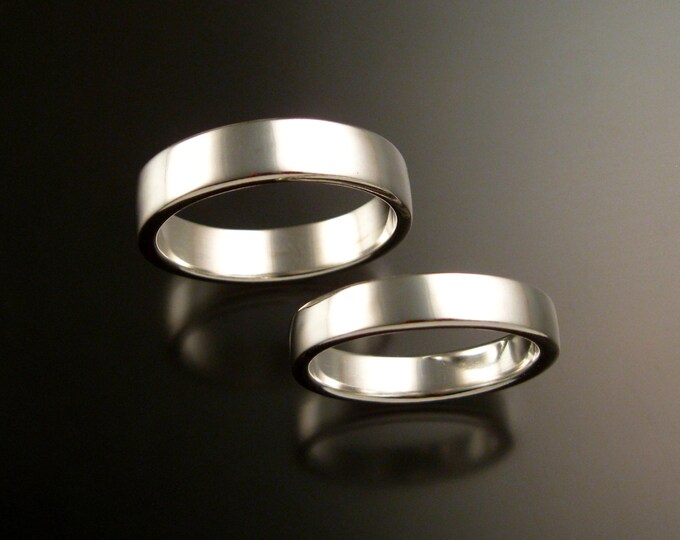 14k White Gold Rectangular Wedding bands His and Hers two ring bright finish rings made to order on your size