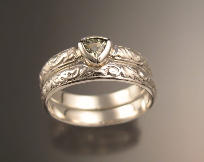 Green Sapphire Triangle Wedding set 14k White Gold Victorian bezel set ring made to order in your size