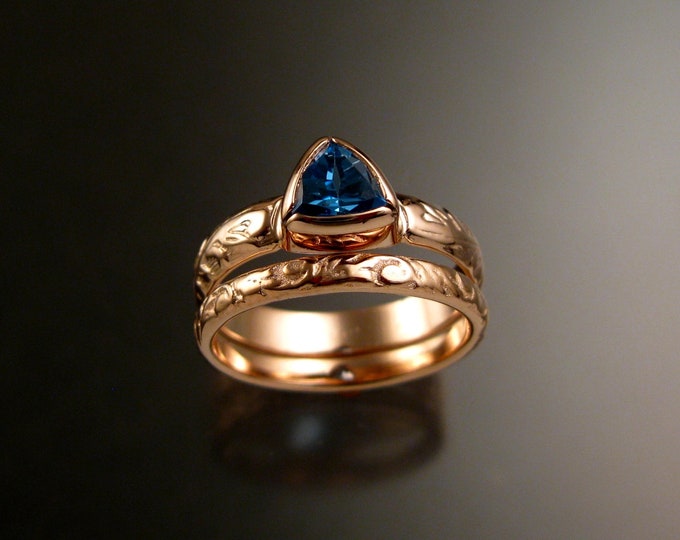 Blue Topaz Triangle 14k Rose Gold two ring set Victorian bezel set stone ring made to order in your size