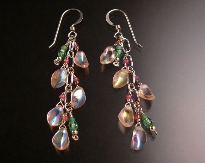 Czech Glass "Flames" Earrings Opalescent pink and green colored Sterling Silver