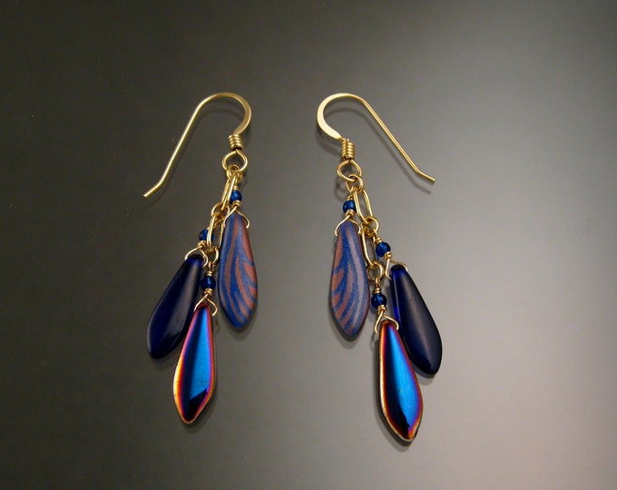 Czech Glass "Dagger " and 14k Gold-filled Earrings Wavy pattern Purple Peacock and cobalt blue