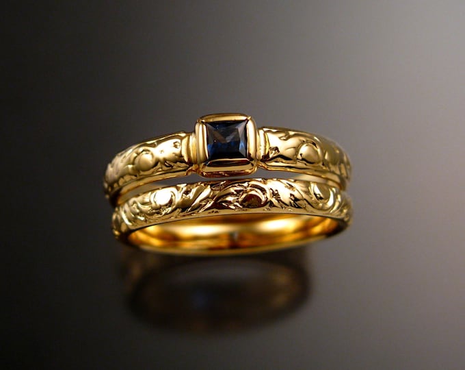 Sapphire Square cut Cornflower blue Natural stone Wedding set 14k Yellow Gold Victorian bezel set  ring made to order in your size