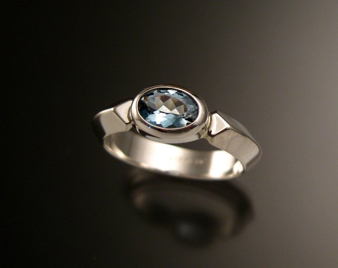 Aquamarine and sterling silver ring with triangular band and bezel set stone made to order in your size