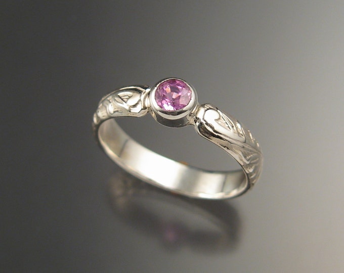 Pink Sapphire diamond substitute Victorian floral band Wedding Engagement ring crafted in 14k white gold made to order in your size