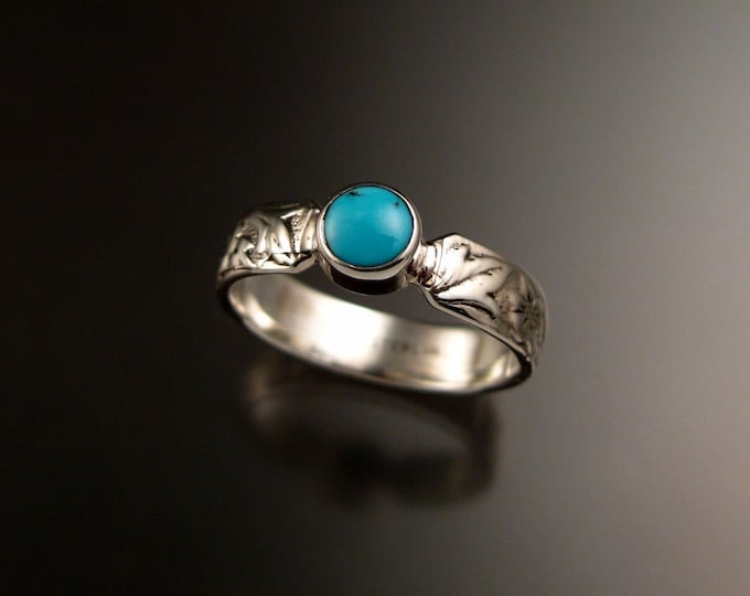 Turquoise sterling silver ring with Victorian flower and vine pattern band and bezel set stone Handmade to order in your size