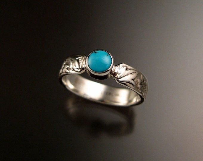 Turquoise sterling silver ring with Victorian flower and vine pattern band and bezel set stone Handmade to order in your size