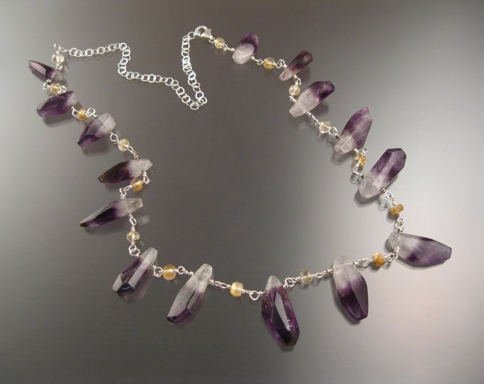 Amethyst Crystal and Rutilated Quartz adjustable length Necklace Sterling Silver