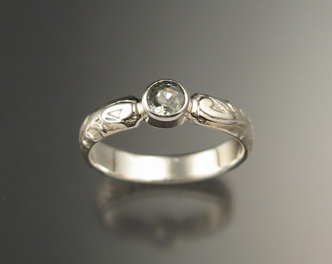 Green Sapphire diamond substitute Victorian floral band Wedding Engagement ring crafted in Sterling Silver made to order in your size