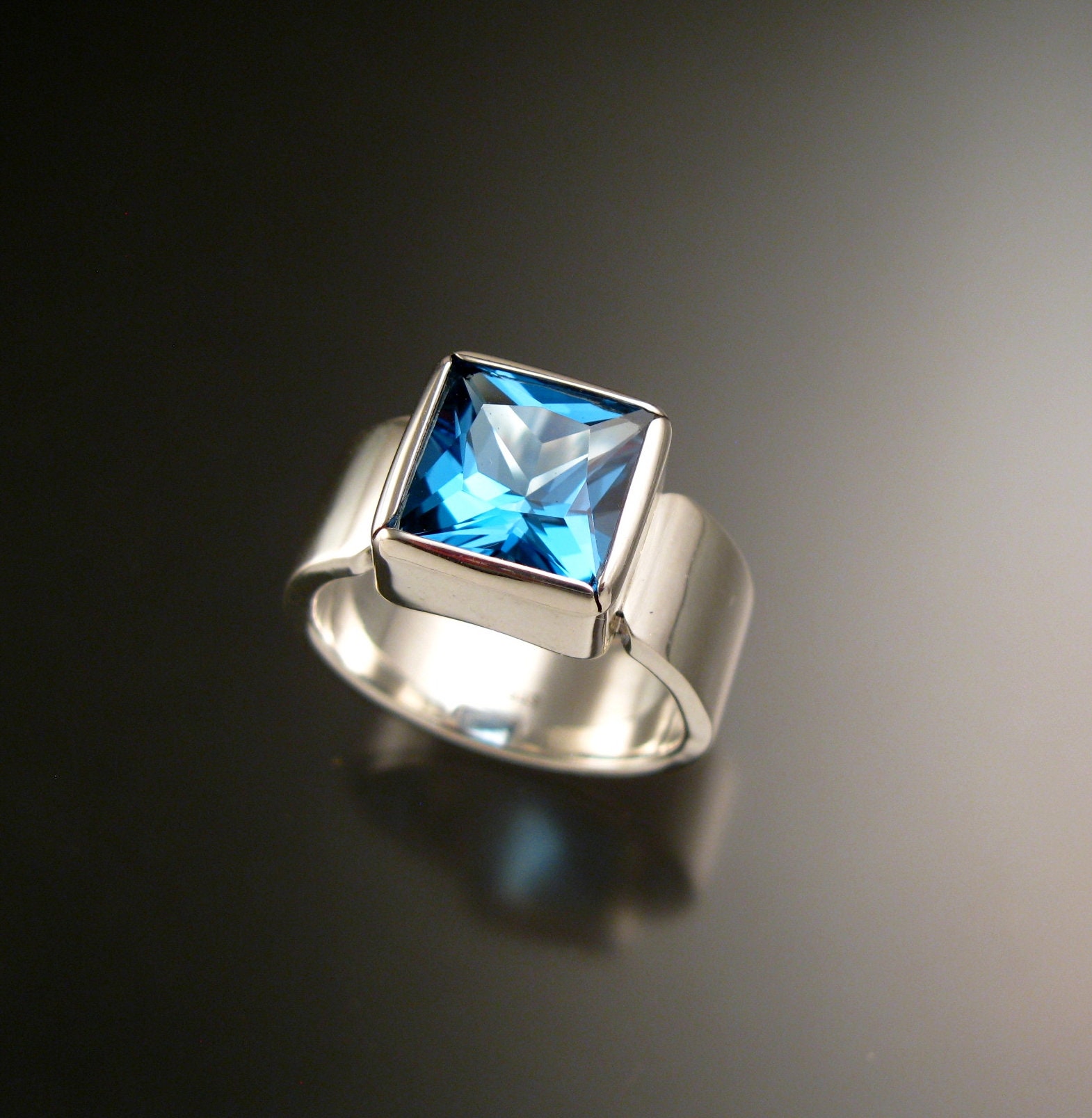Blue Topaz large square stone Sterling Silver ring handmade to order in your size