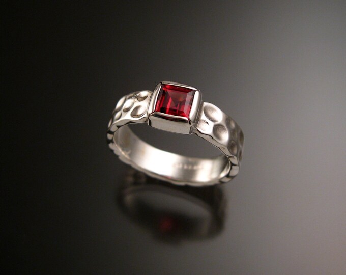 Garnet 5mm square Moonscape ring handcrafted in 14k White Gold Ruby Substitute ring made to order in your size