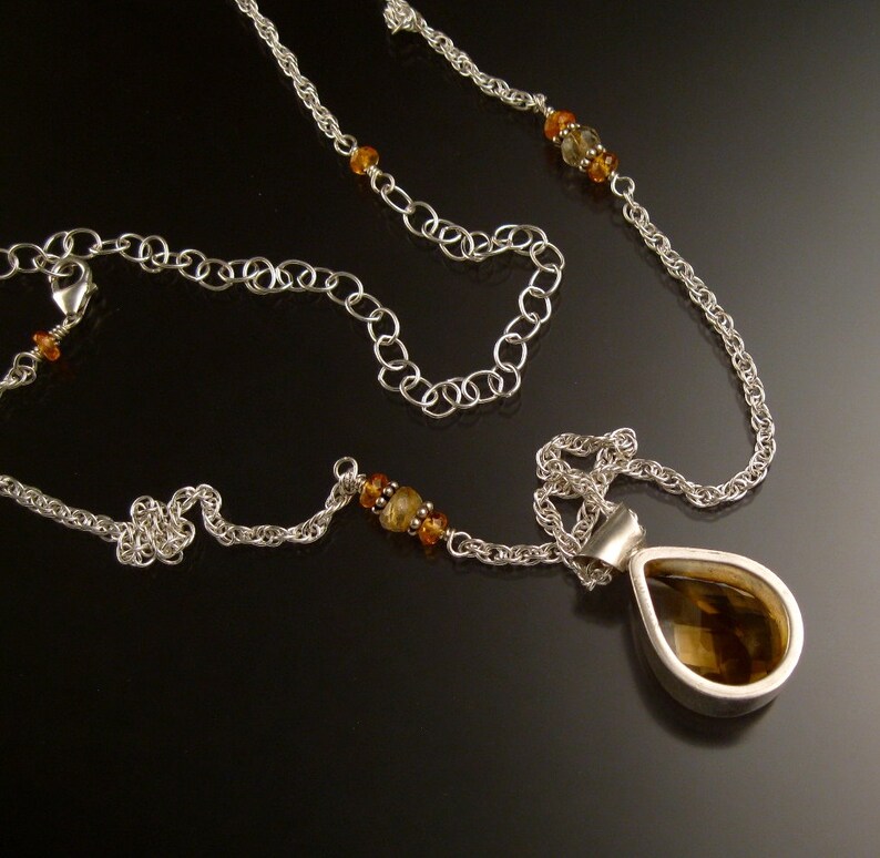 Citrine adjustable length necklace handmade in Sterling silver with bezel set stone checkerboard cut pear shaped drop image 3