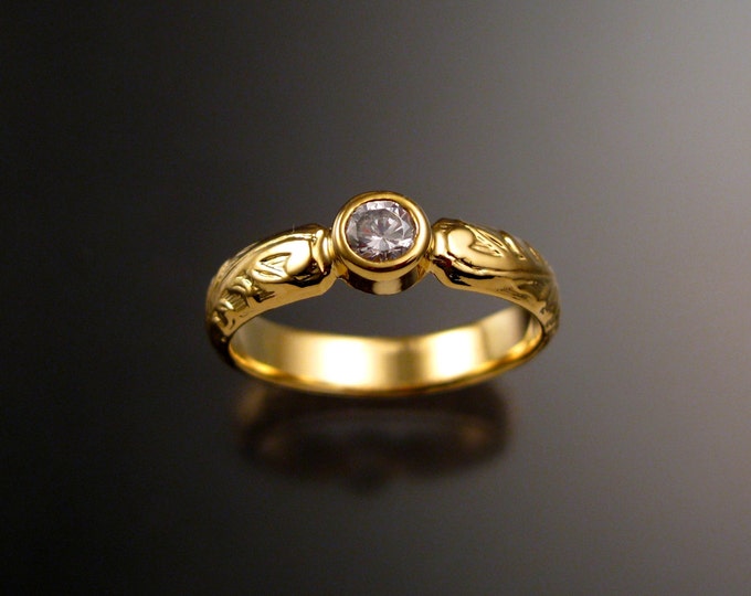 White Sapphire Wedding ring 14k Yellow Gold Victorian Floral bezel set stone Diamond substitute ring made to order in your size