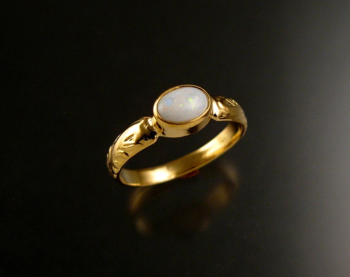 Opal Ring 14k yellow gold 5x7mm oval Victorian floral pattern band 14k yellow gold Handmade to order in your size