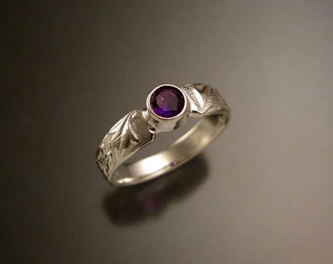 Amethyst Sterling Silver Victorian flower and vine pattern bezel set ring made to order in your size