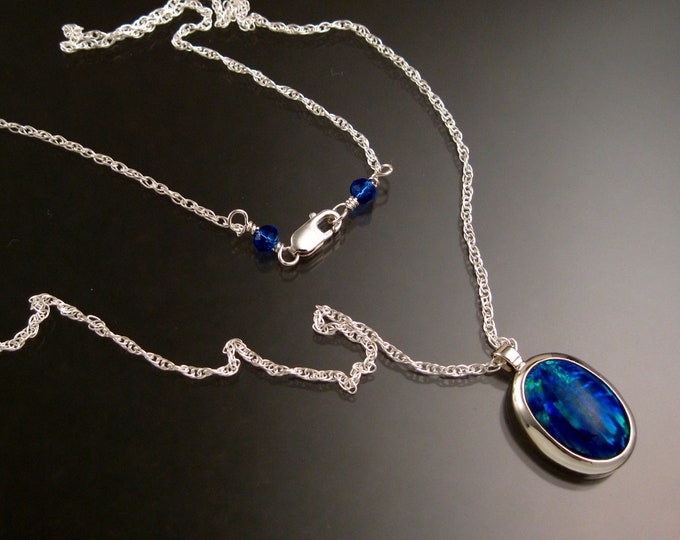 Lab created Opal necklace Deep Blue Opal Sterling Silver Bezel set Stone