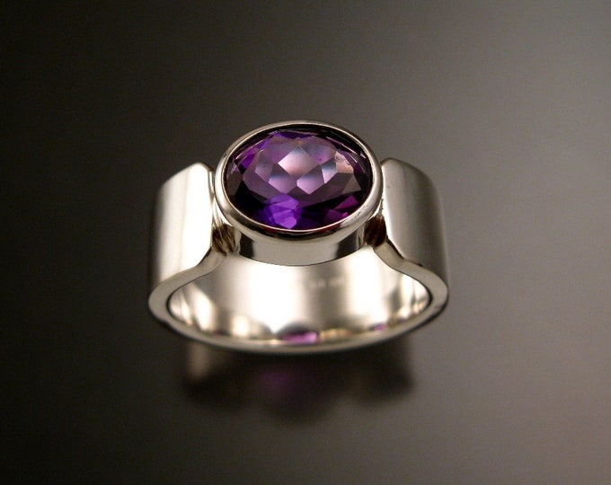 Amethyst ring large Checkerboard cut Oval ring made to order in your size sturdy silver band ring