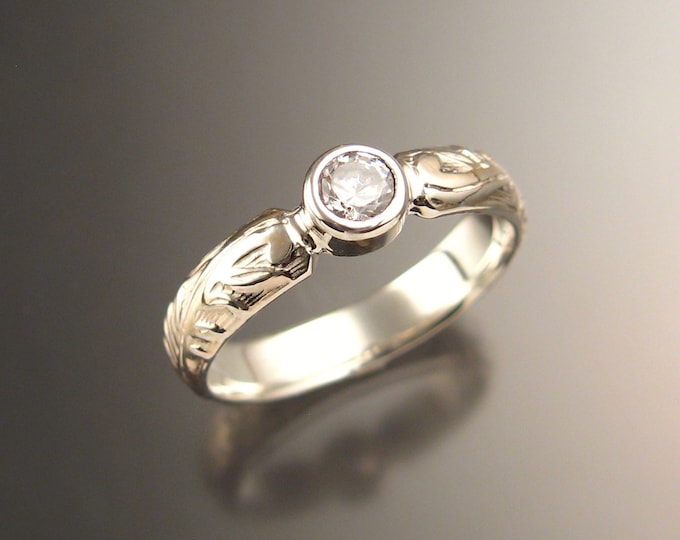 White Sapphire diamond substitute Victorian floral pattern Wedding ring in 14k white gold made to order in your size