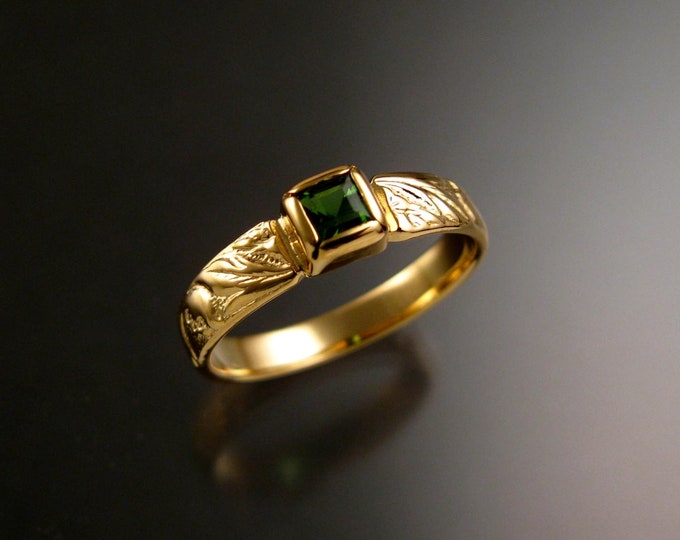 Green Tourmaline Wedding ring 14k Yellow Gold Victorian bezel set ring made to order in your size