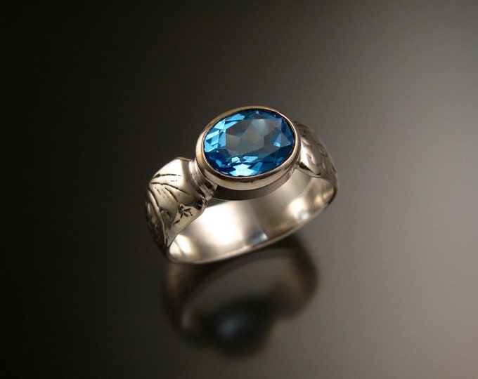 Blue Topaz 14k White Gold handmade wide Victorian floral pattern band ring east west bezel set stone ring made to order in your size