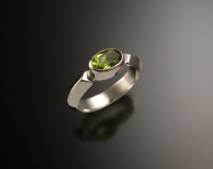 Peridot 14k white Gold handmade triangular band ring with bezel set east west stone stacking ring made to order in your size