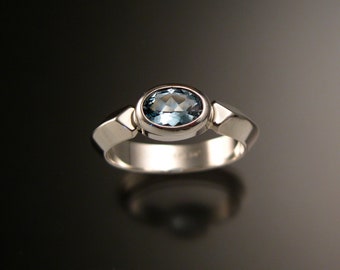 May include: A silver ring with a light blue oval gemstone set in a bezel setting.