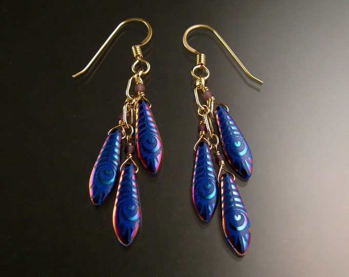 Czech Glass "Dagger " and 14k Gold-filled Earrings Wavy pattern Purple Peacock and cobalt blue