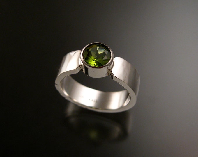 Natural Peridot Sterling Silver ring with wide Lightly Hammered band and bezel set Round Brilliant cut Stone made to order in your size