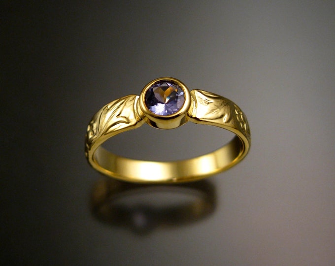 Tanzanite 14k Green Gold Victorian flower and vine pattern bezel set ring made to order in your size