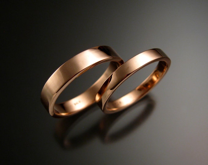 Rose Gold Wide 14k rectangular bright finish comfort fit Wedding bands His and Hers Handmade rings for Bride and Groom