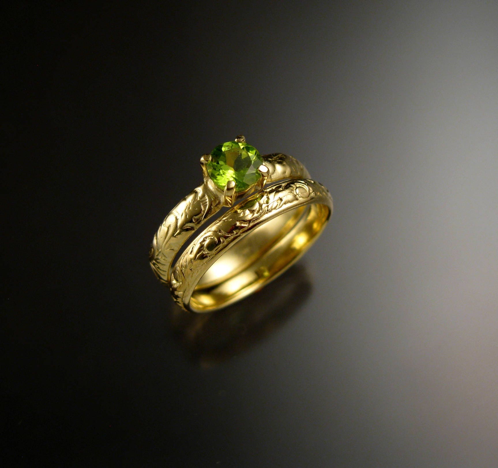 Peridot Wedding ring 14k Green Gold Victorian Floral