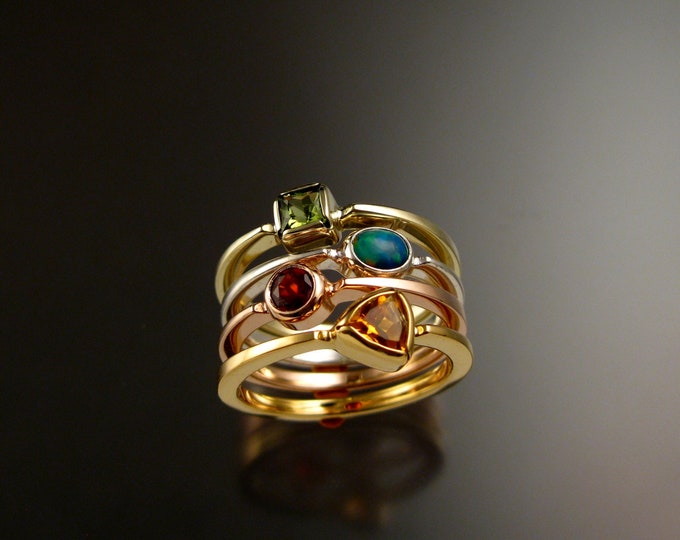 Stackable Mothers Birthstone ring set of Four 14k Yellow, White, Green and rose Gold birthstone stacking rings Made to order in your size