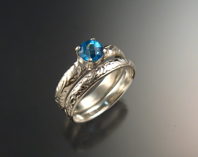 Blue Topaz Wedding set 14k White Gold ring made to order in your size