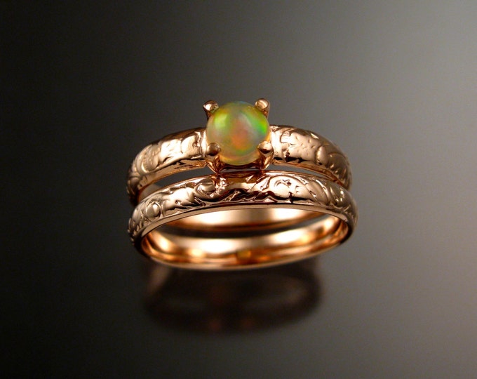 Opal and 14k rose Gold Wedding Ring Set Victorian floral pattern band made to order in your size