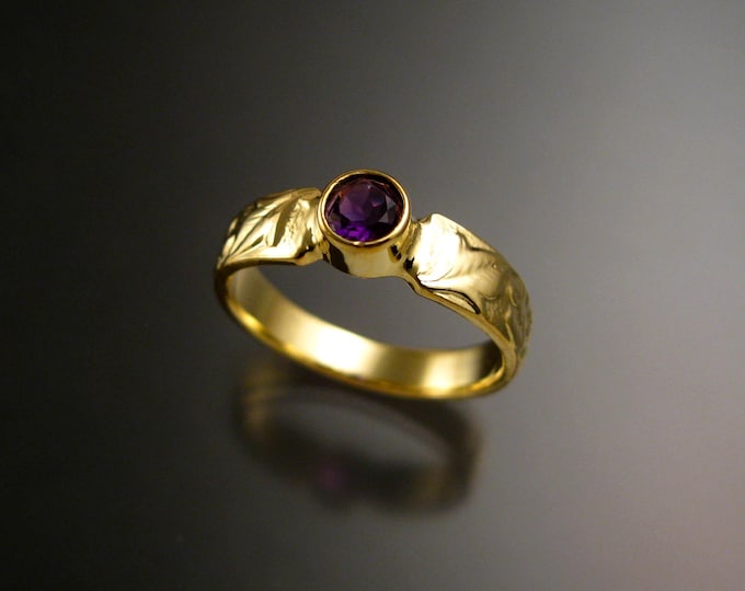 Amethyst 14k Green Gold Victorian flower and vine pattern bezel set ring made to order in your size