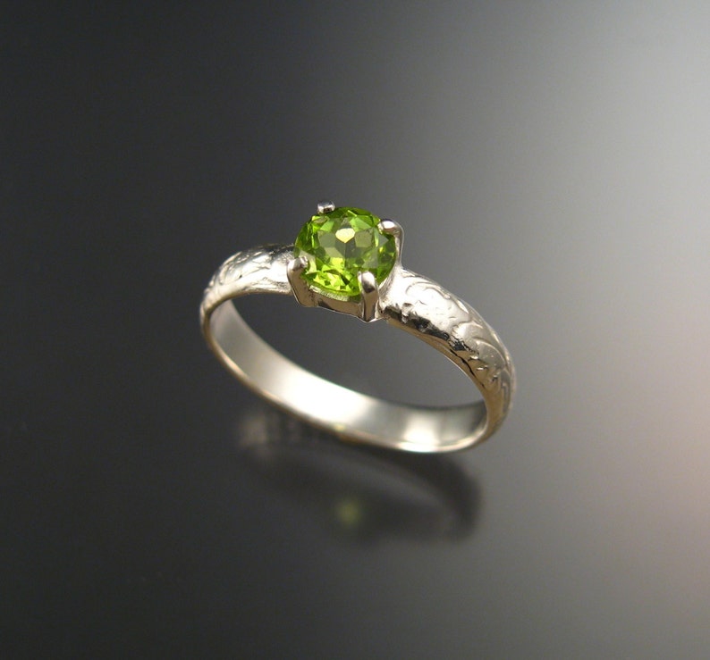 Peridot Wedding ring Victorian floral pattern band Engagement ring Handmade to order in your size image 1