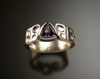 Tanzanite Triangle Ring Sterling Silver Moonscape band bezel set ring made to order in your size