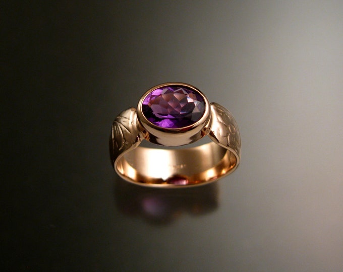 Amethyst 14k Rose Gold handmade wide Victorian floral pattern band ring east west bezel set stone ring made to order in your size