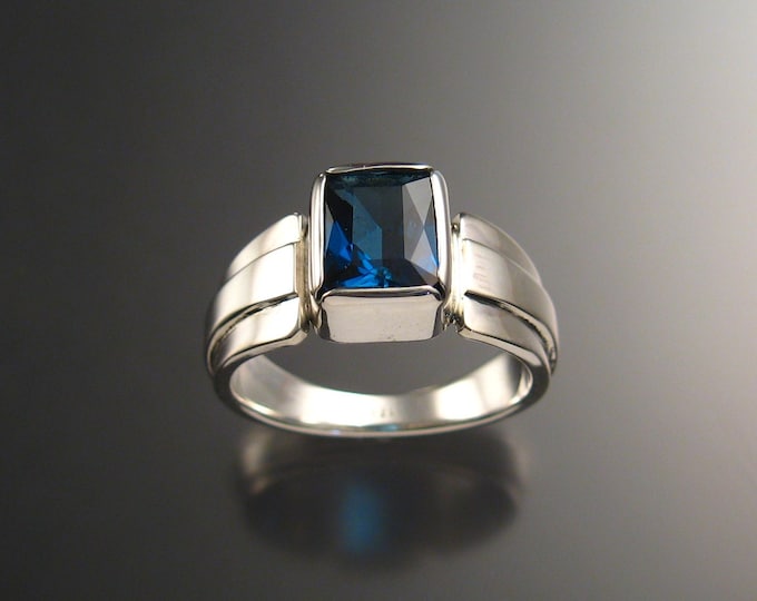 London Blue Topaz ring Large rectangle stone deep blue Sterling silver Sapphire substitute mans ring Made to order in your size