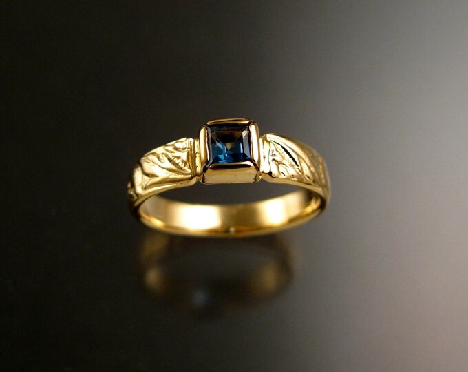 Blue Topaz Wedding ring 14k Yellow Gold Victorian bezel set ring made to order in your size