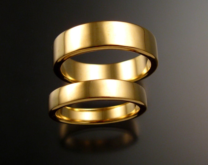 Yellow Gold Rectangular Wedding bands Heavy 14k His and Hers two ring set bright finish rings made to order in your size