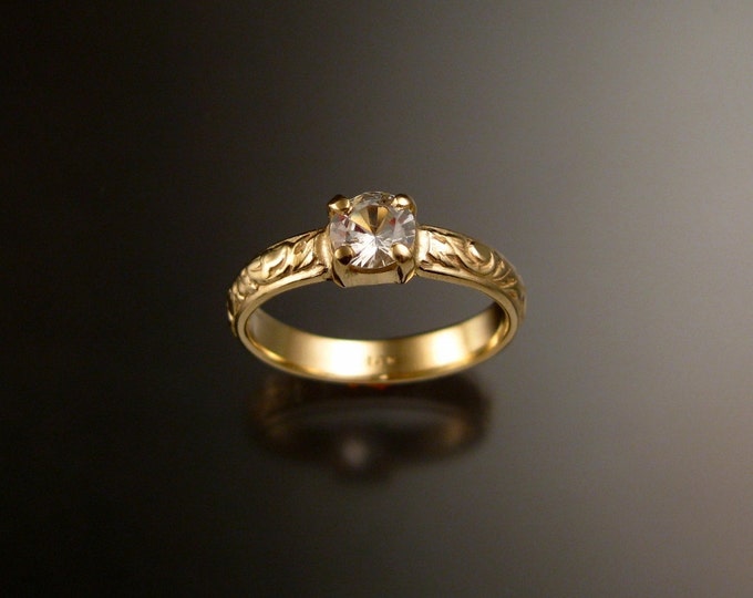 White Sapphire Wedding ring 14k Yellow Gold Diamond substitute Victorian floral pattern ring made to order in your size