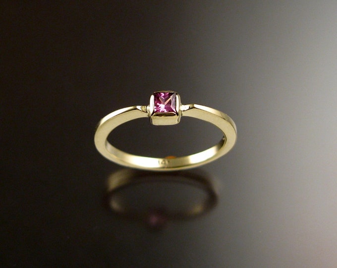 Pink Sapphire square stone stackable ring 14k Green Gold size 7 1/4