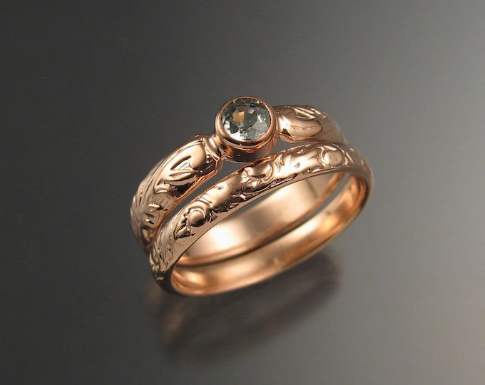 Green Sapphire diamond substitute Victorian floral pattern two ring Wedding set crafted in 14k rose gold made to order in your size