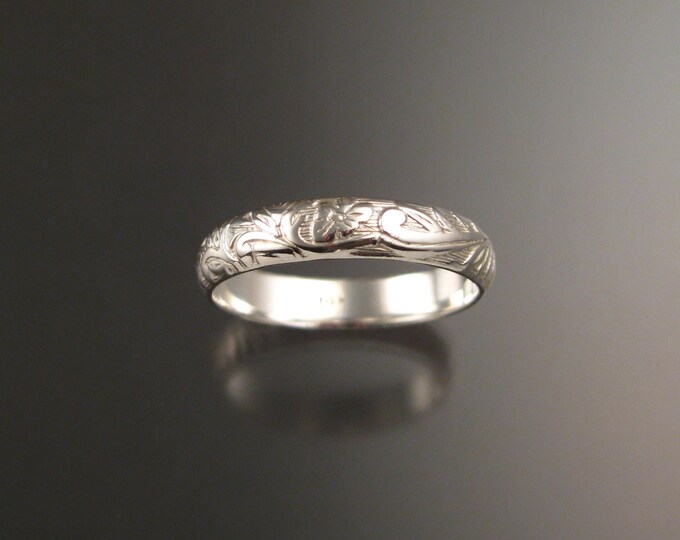 14k White Gold 4mm Floral pattern Band wedding ring made to order in your size Victorian wedding band