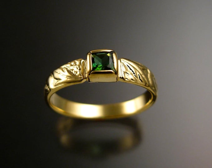 Green Tourmaline square  Wedding ring 14k Green Gold Victorian bezel set ring made to order in your size